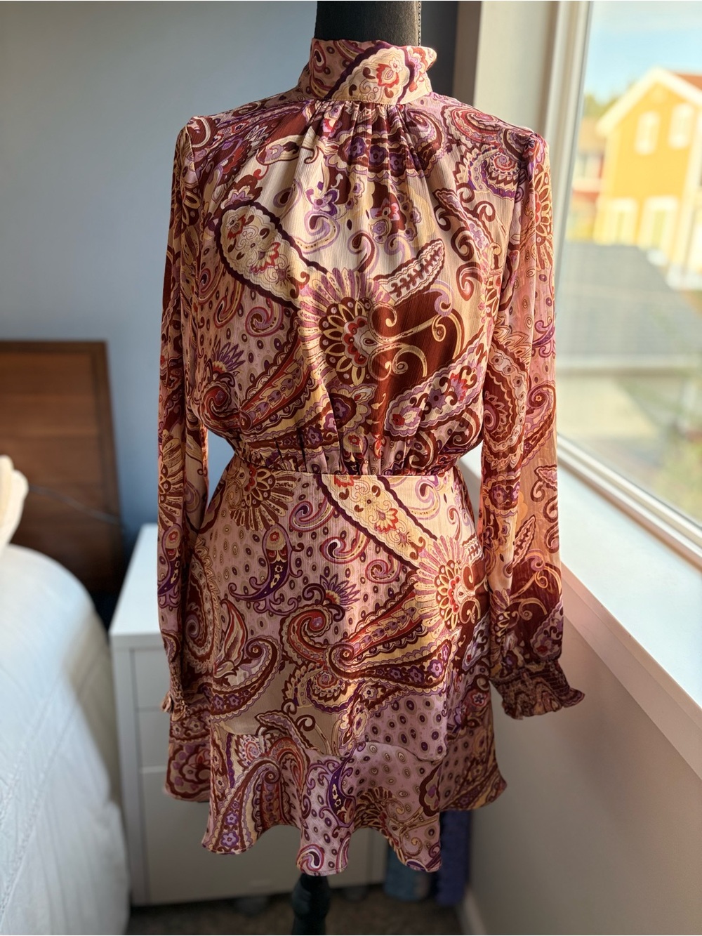 Fate Paisley High-Neck Long-Sleeve Satin Paisley Mini Dress in Mauve & Brown NWT
